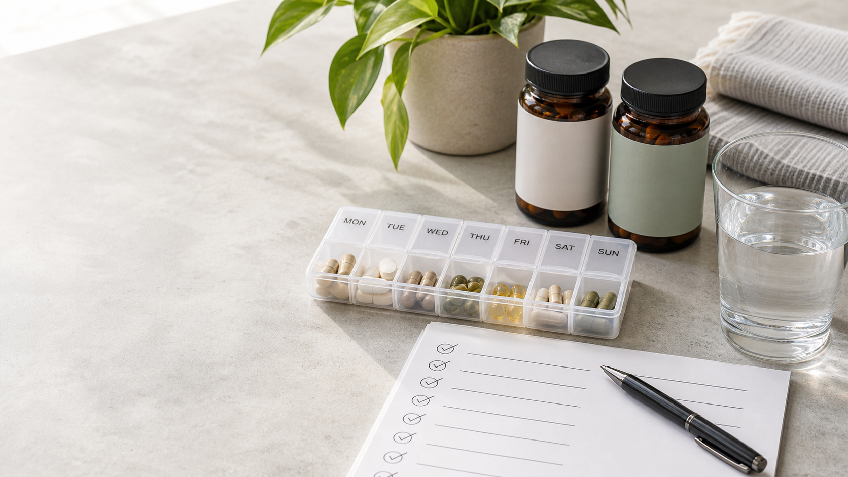 Weekly supplement organizer, bottles, water, and a safety checklist